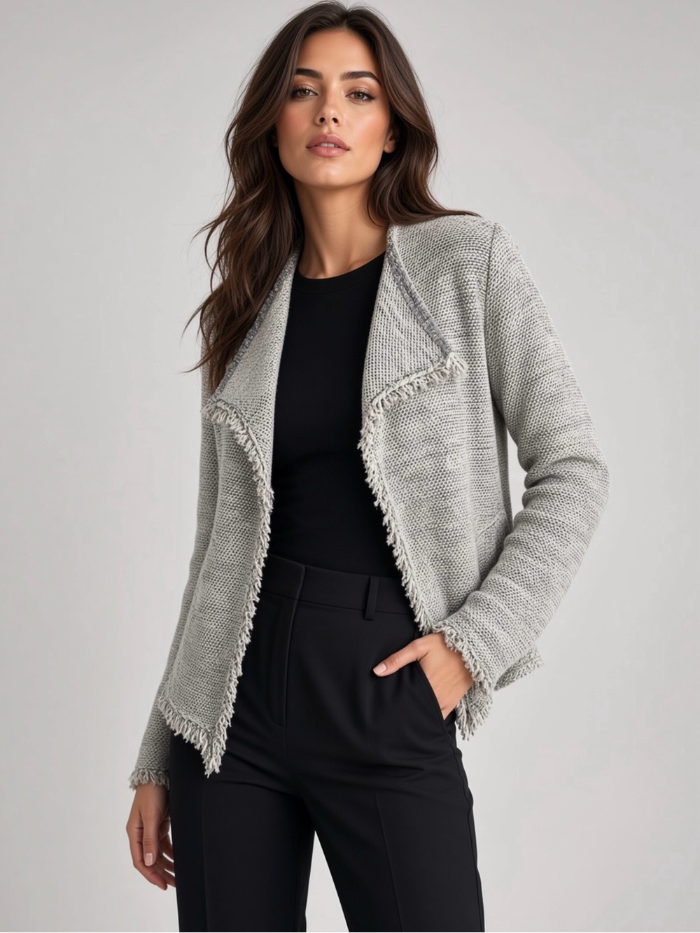 Joie Nalah B Tweed Open Fron Cardigan in Smokey gray tones